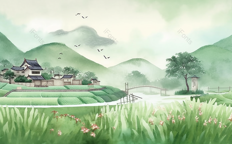 节气小满绿色的乡村田野风光古风房屋建筑田地里农作物茁壮生长着插画背景,插画/手绘图,插画/手绘图库,插画/手绘图下载,插画/手绘